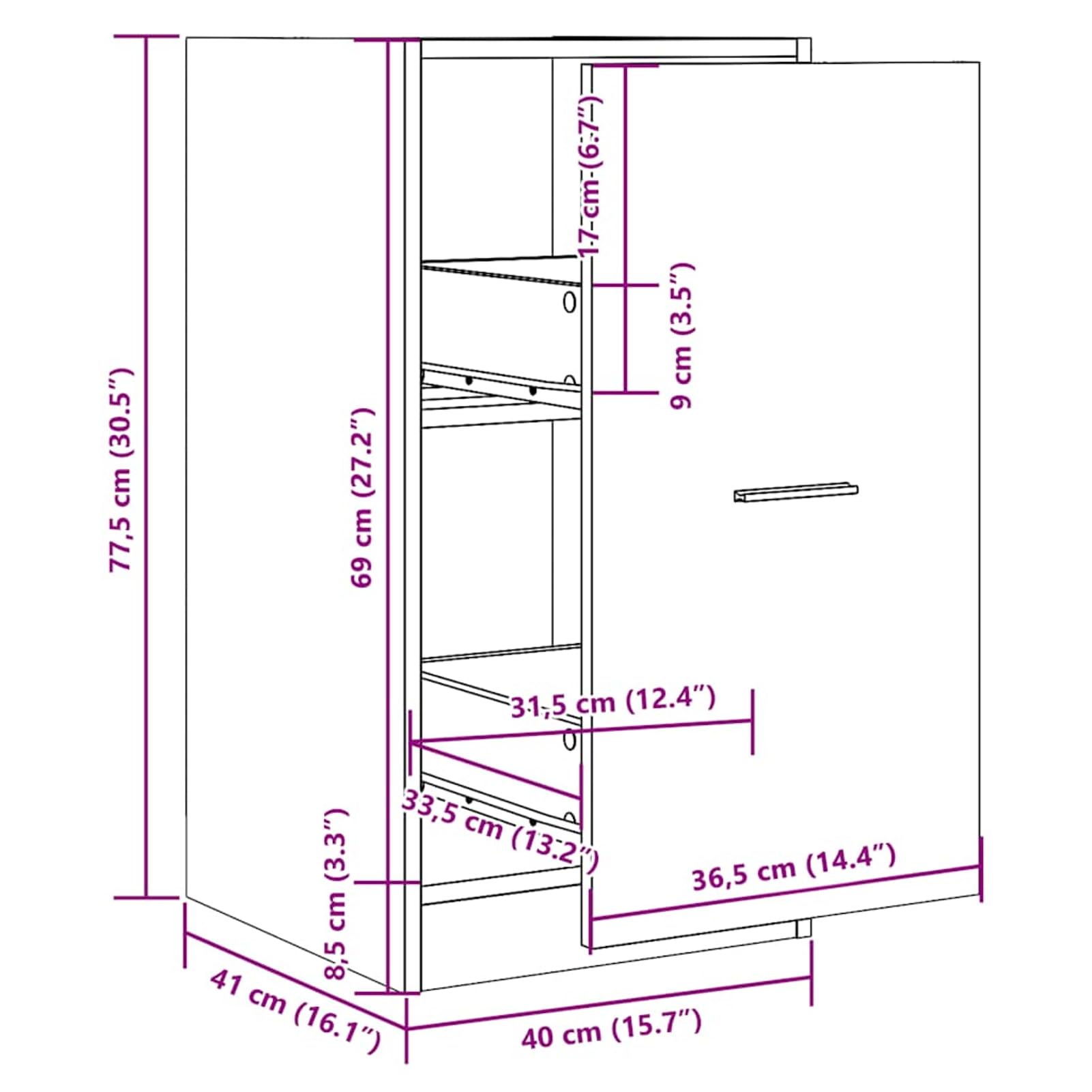 Armadietto da farmacista con 2 cassetti, in legno, effetto rovere, 40 x 41 x 77,5 cm, salvaspazio, per bagno, ufficio, casa