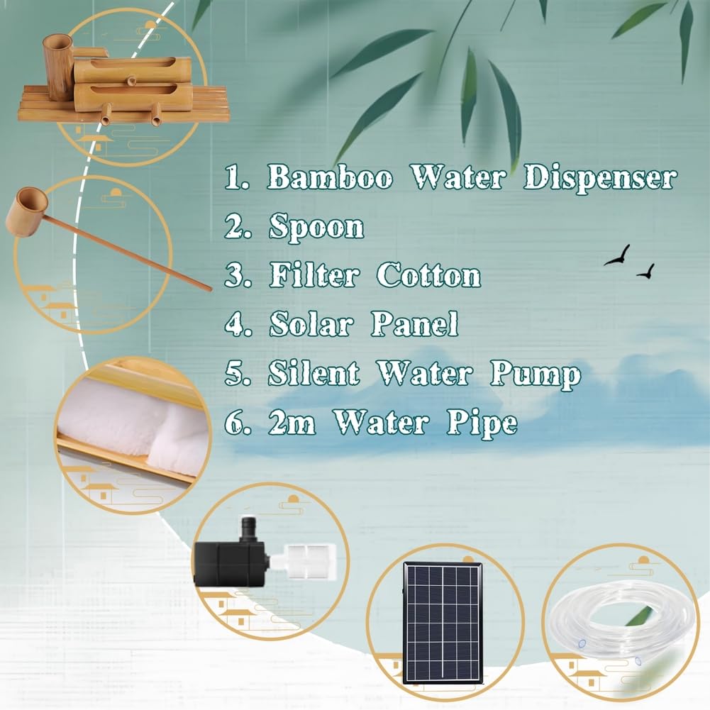 Zestaw fontanny solarnej z pompką, bambusowa funkcja wody do ogrodu, na taras, dziedziniec, staw rybny, podwórko, dekoracja Zen, 30 cm