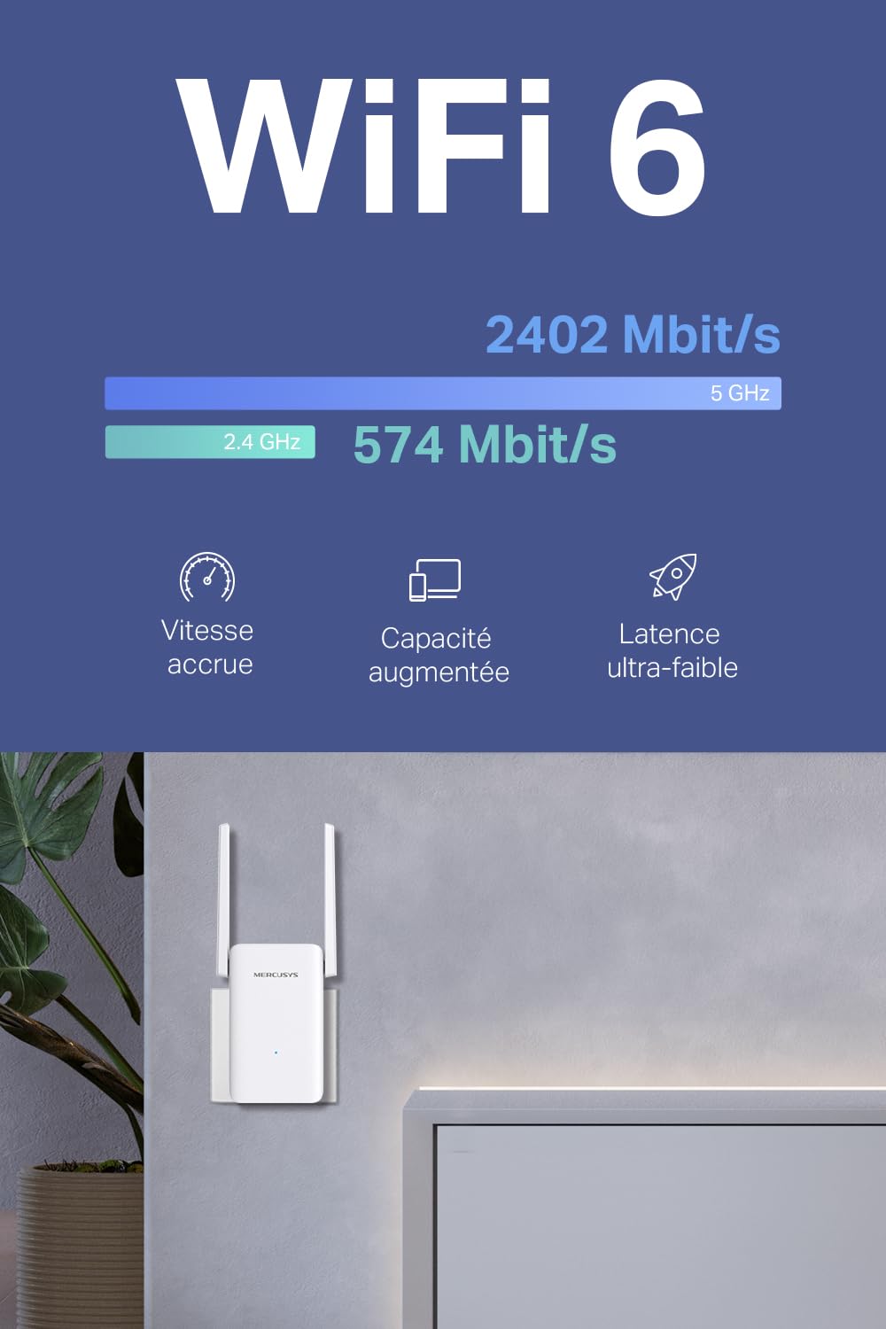 MERCUSYS ME80X TP-Link Répéteur WiFi 6, Amplificateur WiFi AX3000 Mbps, Port Ethernet Gigabit, Couvre jusqu'à 150 m², Repeteur WiFi Puissant, Compatible avec Les Box Internet