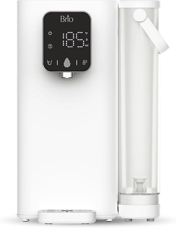 Brio SIMPL Countertop Water Dispenser, 3 Stage Water Filter & Adjustable Instant Hot Water | Easy Access Refillable 2.5L Tank | Tall 8.5 Dispense Height, LED Touch Controls, White