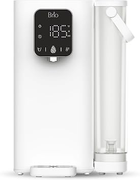 Brio SIMPL Countertop Water Dispenser, 3 Stage Water Filter & Adjustable Instant Hot Water | Easy Access Refillable 2.5L Tank | Tall 8.5 Dispense Height, LED Touch Controls, White