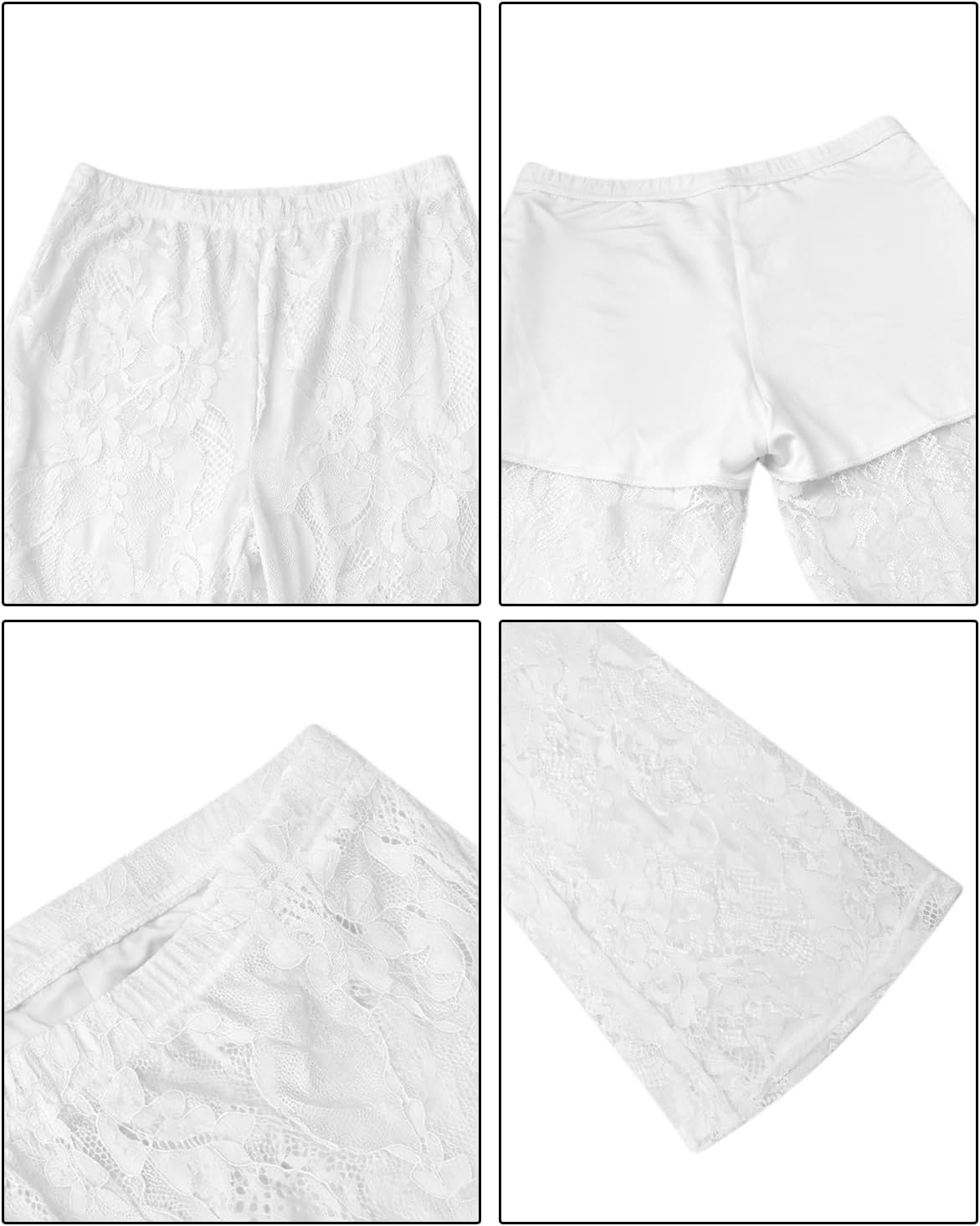 Women’s Floral Lace Sheer Mesh Flare Pants Elastic High Waist Bell Bottom Long Trousers