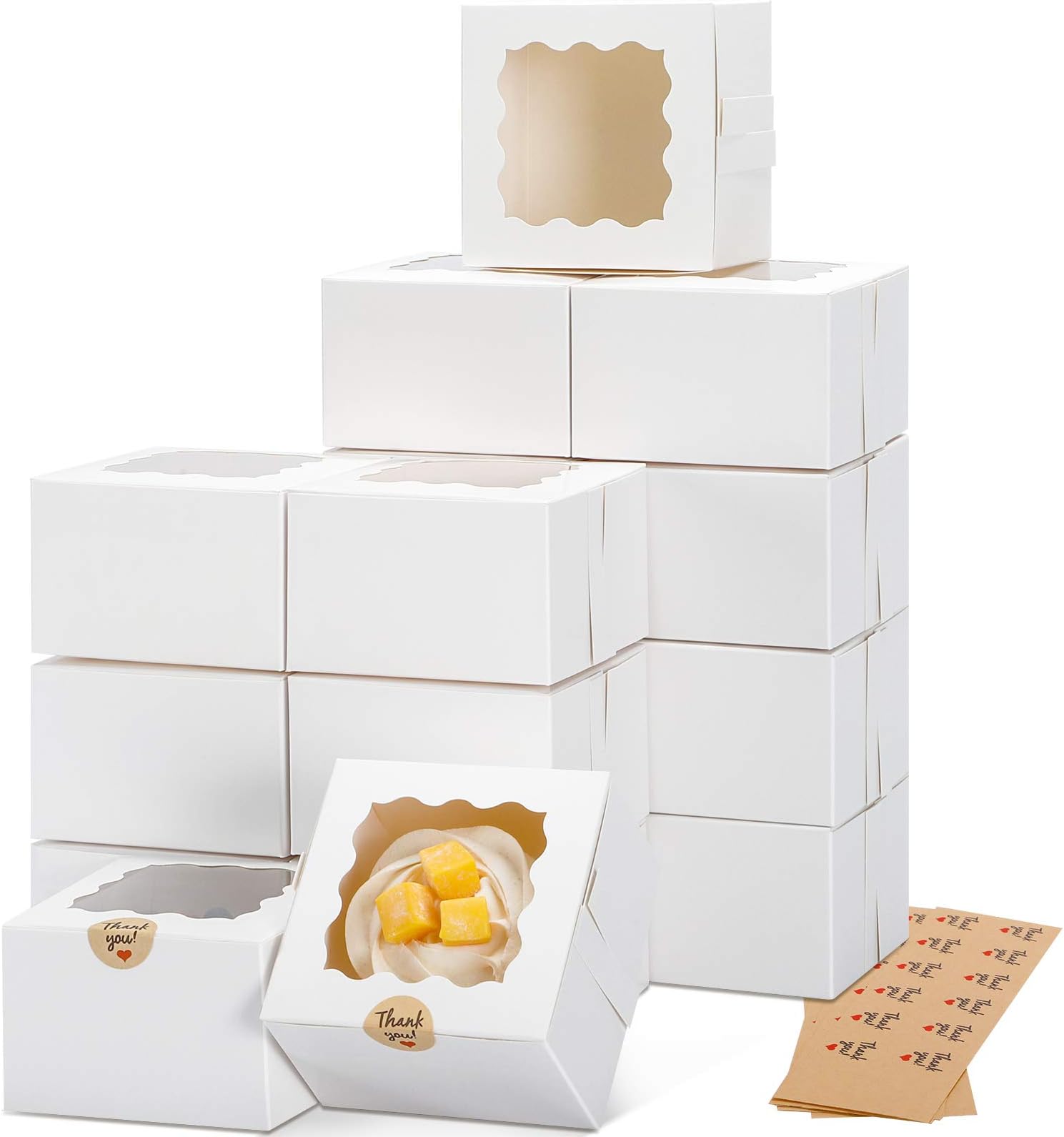 Moretoes 50pcs White Cookie Boxes with Window, 4x4x2.5 Inches Bakery Boxes with 5pcs Stickers for Small Cookies, Treats, Desserts, Chocolate Covered Strawberries, Mini Cake