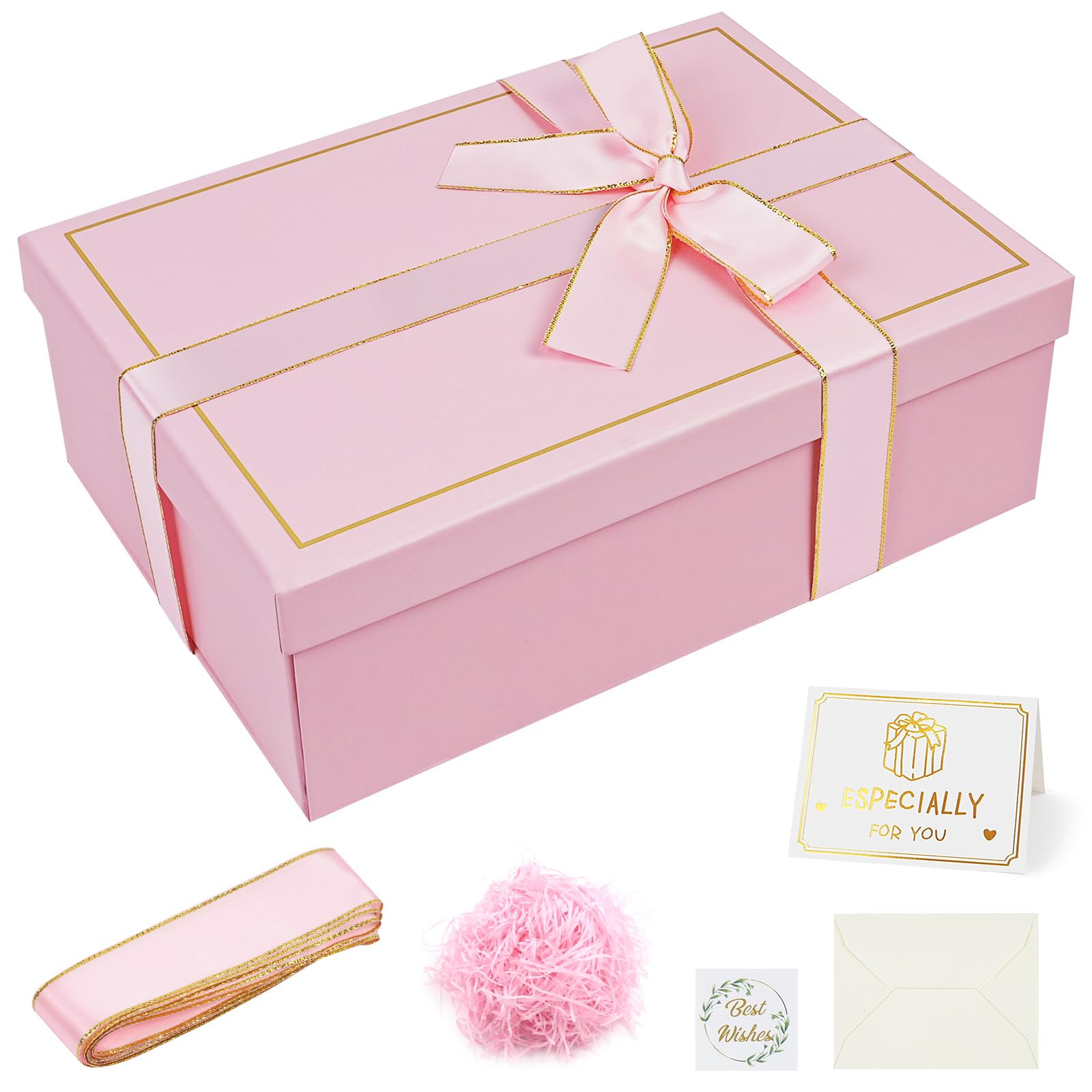OFFCUP Gift Box with Lid, 25x18x8.5cm Luxury Gifts Boxes for Men Women, Foldable Present Box with Card Shredded Paper Ribbon for Birthdays Weddings Christmas Anniversaries (Pink)