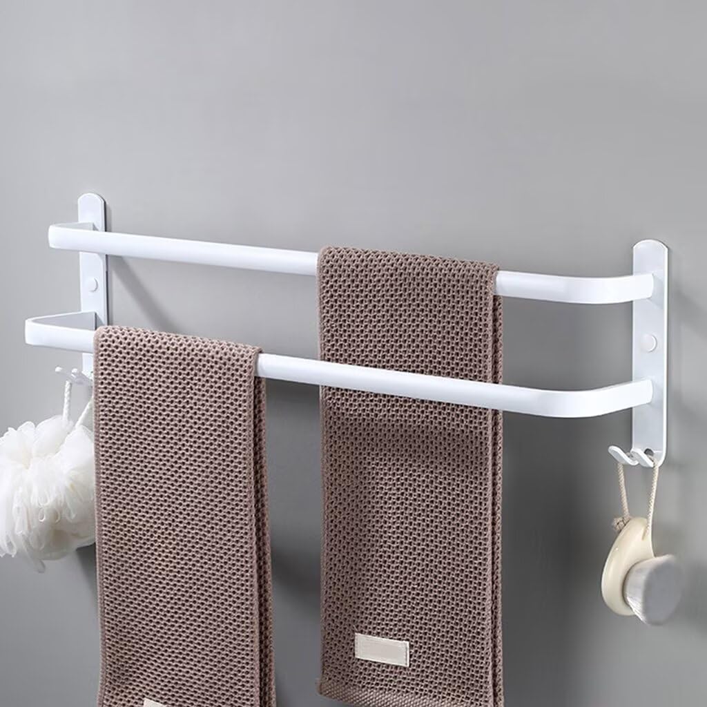 Dorgetoues Towel Rail Wall Mounted Bathroom Towel Rack Aluminum Towel Rails with Hooks Drilling Installation Towel Bar for Bathroom Kitchen White 2 layers 30cm