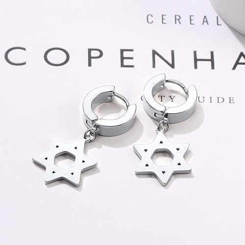 Miniatura 4 de Star of David Earrings for Men Women, Punk Jewelry, BlackGold Plated Stainless Steel, Hypoallergenic for Sensitive Ears, Come Gift Box