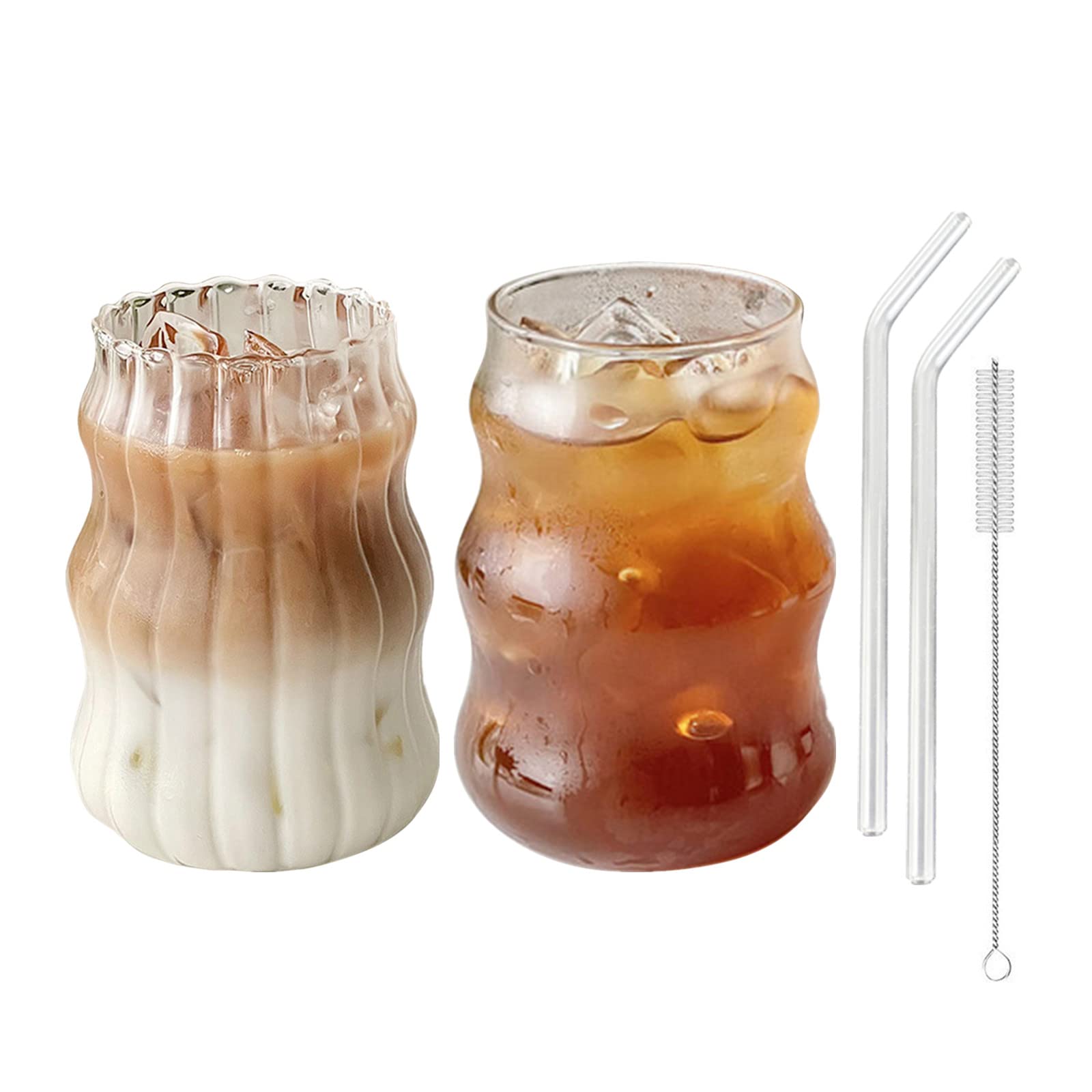 Iced Coffee Cup with Straw 2 Pack 18oz Glass Clear Ripple Coffee Mug with Glass Straw and Cleaner Brush Ribbed Glassware Smoothie Cup Water Glasses