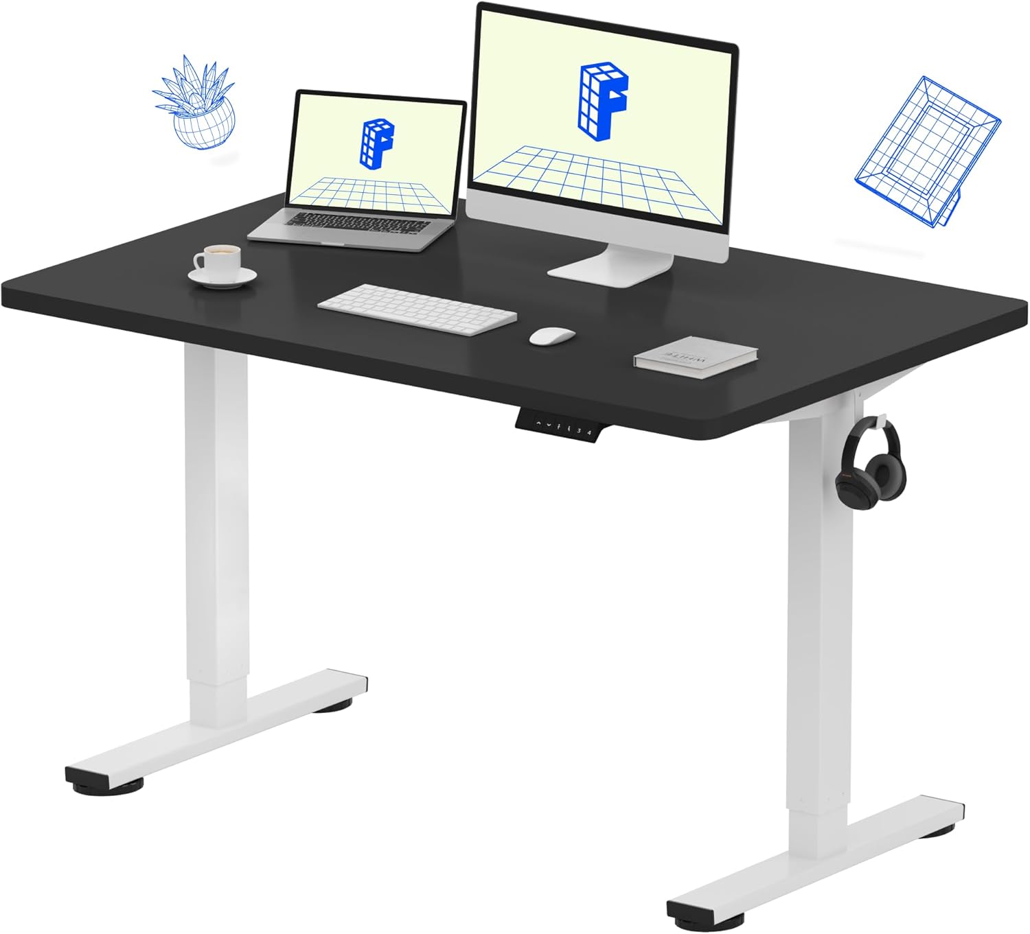 FLEXISPOT EN1 One-Piece Standing Desk, 48 x 30 Inches Electric Height Adjustable Desk for Home Office (White Frame + Black Desktop, 2 Packages)