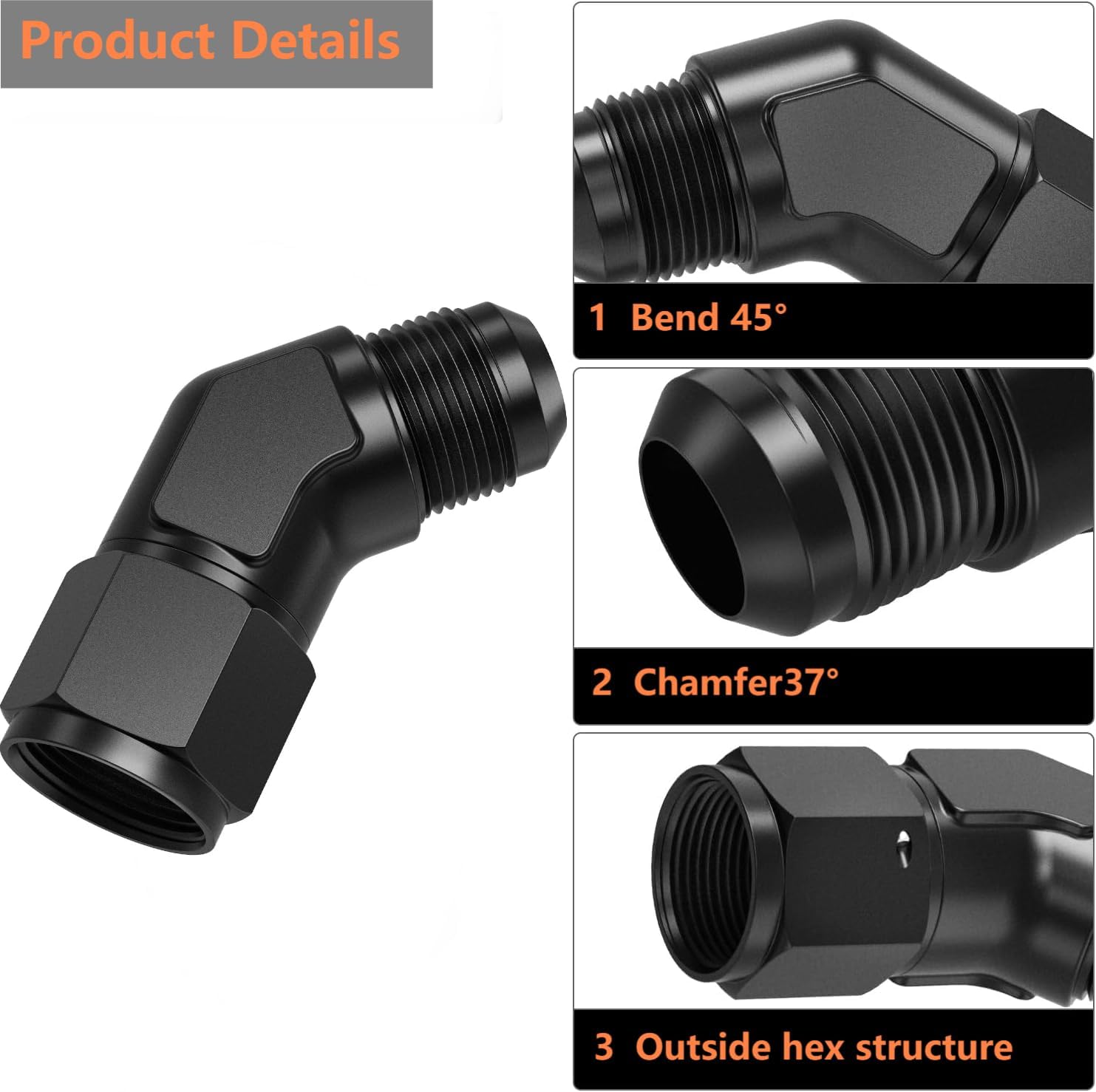 10AN Female to 10AN Male 45 Degree Elbow Swivel Fitting Adapter Aluminum (Black)