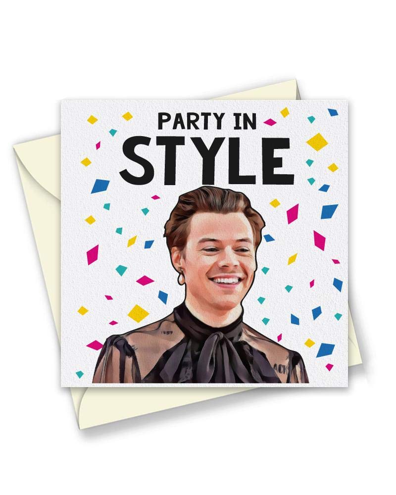 Party in Style Harry Styles Birthday Card - Birthday Cards for Him Her - Funny TV Show Birthday Card - 150mm Square Size - Eco Greetings Cards Made in The UK - 5 Pack - T1046