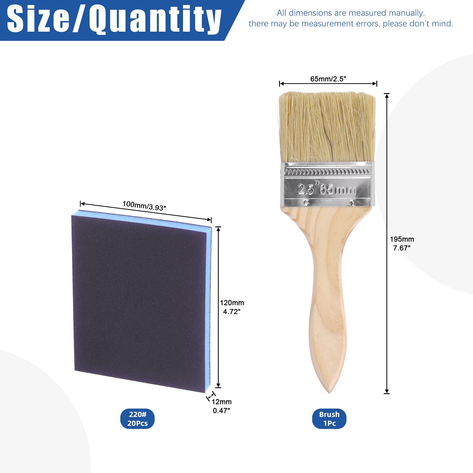 Glarks El kit de 21 esponjas de lijado de grano 220 incluye 20 bloques de lijado reutilizables y lavables de 120 x 100 x 12 mm con 1 cepillo de pintura para madera, metal, pintura y paneles de yeso