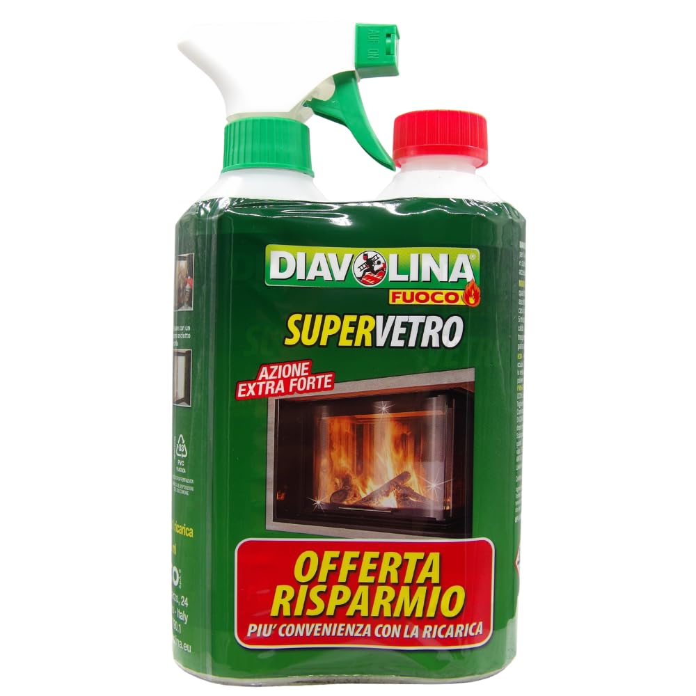Supervetro Ideale per la Pulizia del Vetro e degli Inserti di Camini e Stufe, Confezione da 1 Spruzzatore e 1 Ricarica da 500ml (6 Unità)