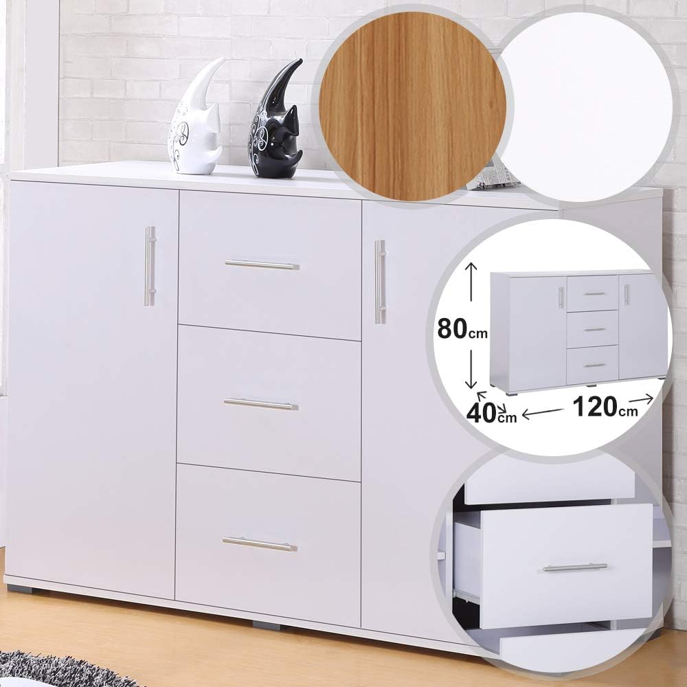 MIADOMODO Cupboard Chest - 2 Doors, 3 Drawers, 120/80/40 cm, White and Oak - Storage Cabinet Unit, Sideboard