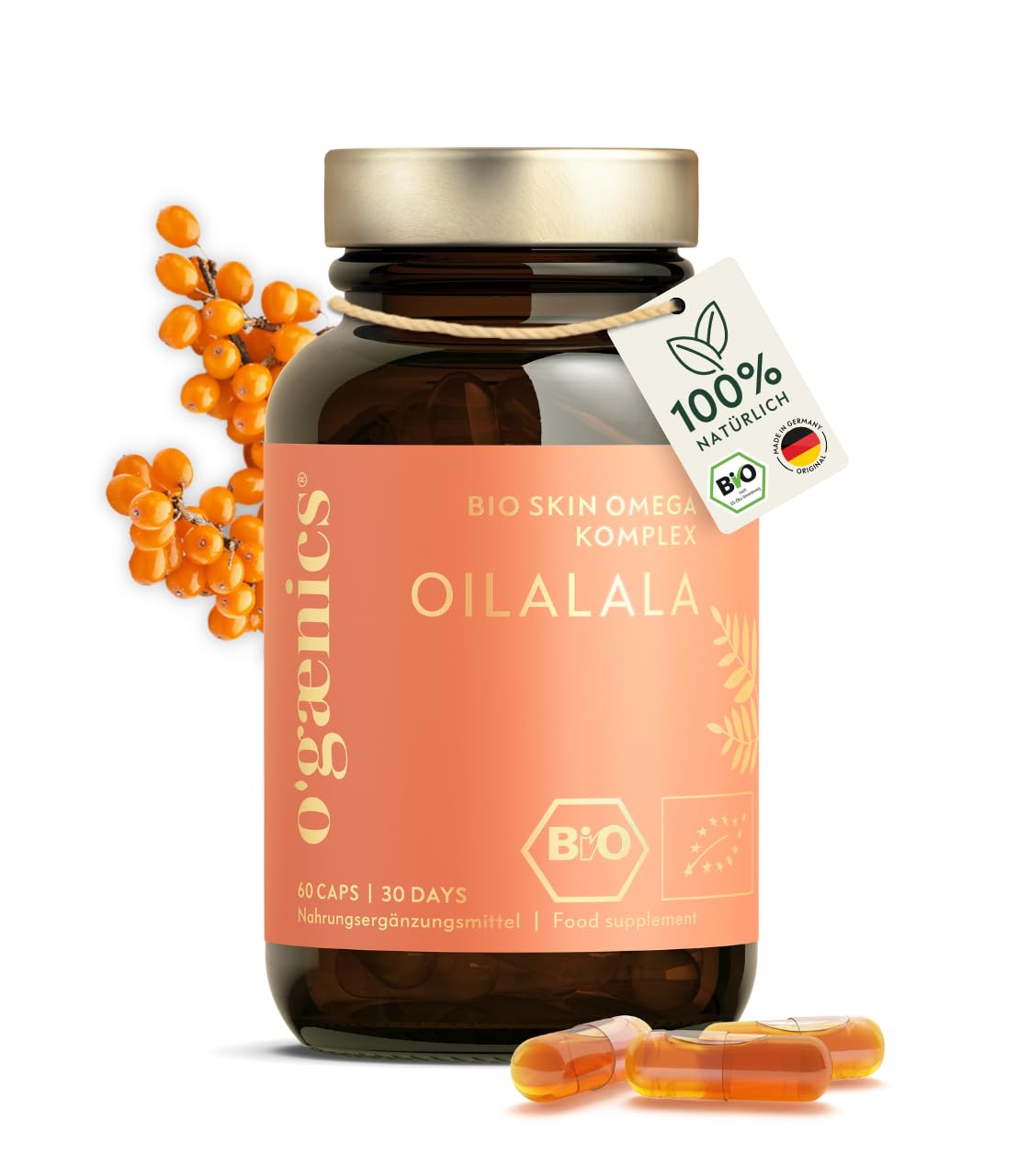 Ogaenics Oilalala Bio Skin Omega-Komplex aus Sanddorn – Veganes Omega 3-6-7-9 mit Vitamin A und E für trockene Haut und Schleimhäute, 60 Kapseln, Made in Germany