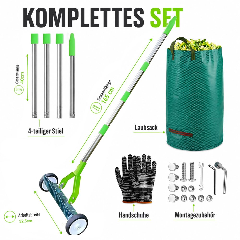 Escarificador de mano con ruedas de 165 cm, mano con saco de basura de jardín, rastrillo con mango, rastrillo de corte con mango, escarificador, para eliminar el fieltro del césped