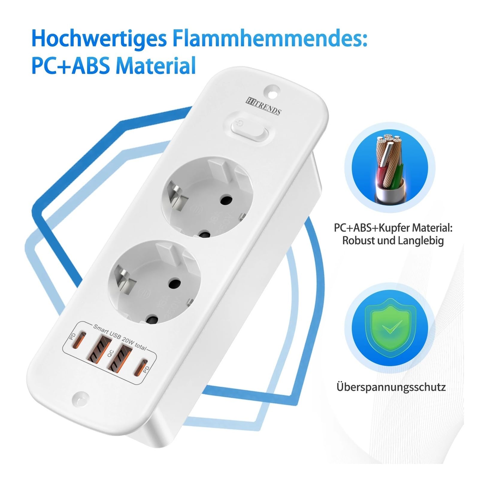 Carte d'alimentation intégrée à double prise ue, avec Port de charge rapide intelligent 2USB-A et 2USB-C PD20W, câble d'extension en spirale de 2 mètres(EU_110-250V_WHITE)