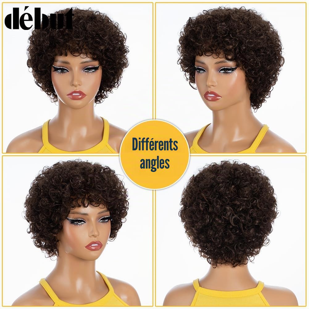 Perruque Bouclée avec 100% Cheveux Naturels - Perruque Afro Bouclée avec Coupe Pixie - Cheveux Remy Brésiliens (20 cm, 4)