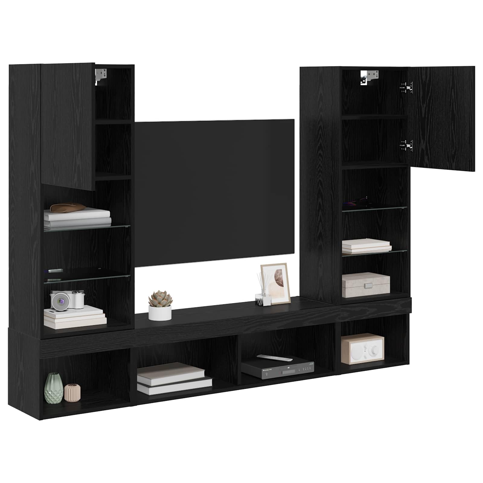 Zestaw ścienny do telewizora z diodami LED, 5-częściowy zestaw z materiału drewnopochodnego w kolorze czarnym o wyglądzie dębu, 40,5 x 30 x 102 cm, nie zajmuje dużo miejsca do przechowywania