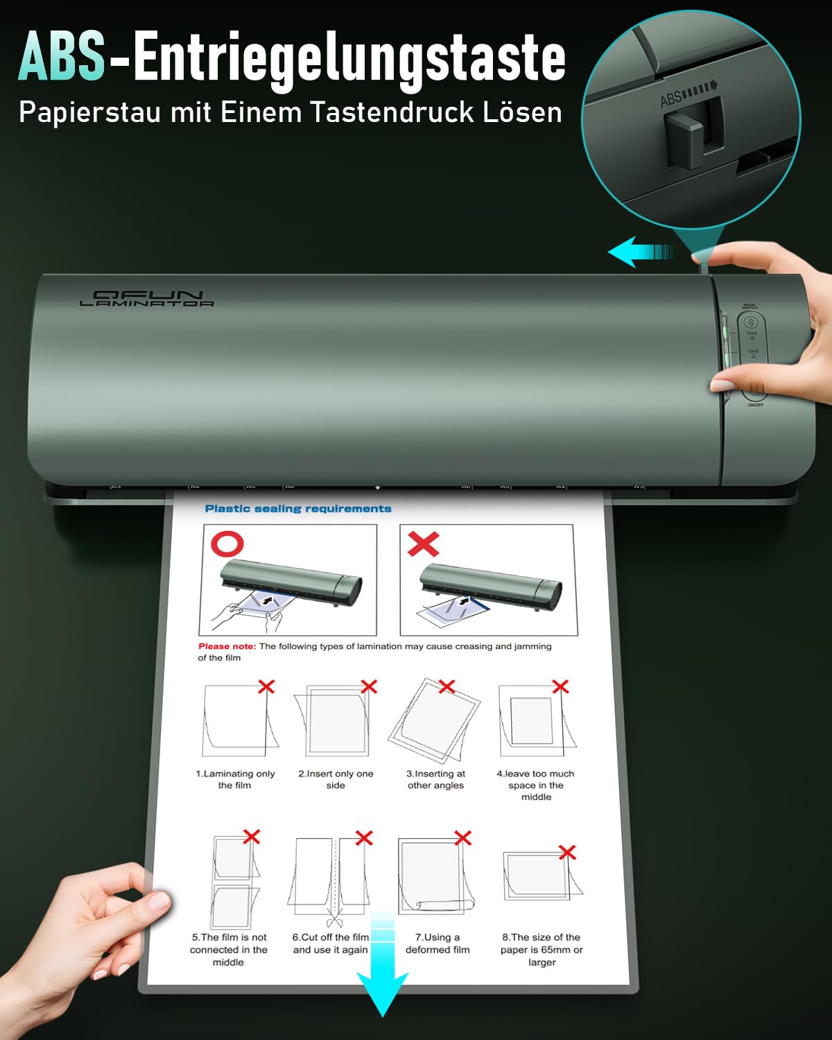 Qfun Laminiergerät A3 mit Laminierfolien 30 Stück für A3 A4 A5 A6, 9 in 1 Schnell Aufwärmen Laminiermaschinen Set Heiß und Kalt mit Papierschneider und Eckenabrunder für Schule Zuhause Büro, 80-125mic