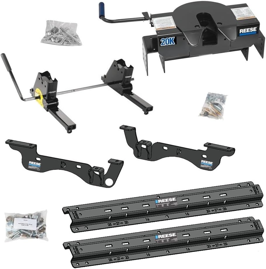 Reese 20K Dual Jaw Fifth Wheel Trailer Hitch with Square Slider + ISR Above Bed Outboard Rail Kit - Fits Short Bed Trucks for 2023-2026 Ford F250 F350 F450