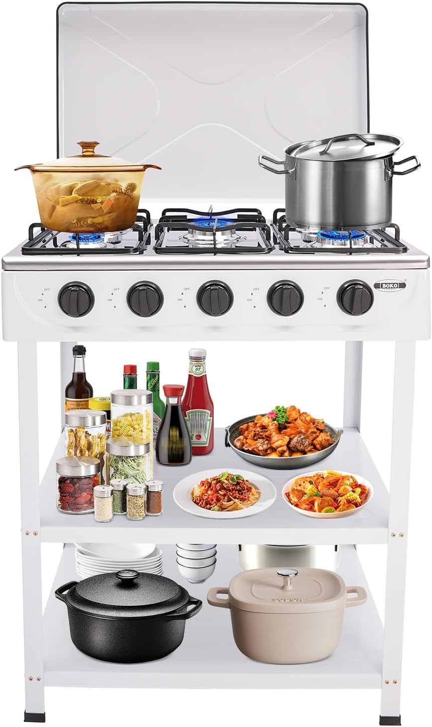 Natural Gas Stove, 5 Burners, Freestanding Rectangular Cooktop, Portable Manual Ignition Range with 2 Storage Shelves for Camping, Fishing, RV Travel