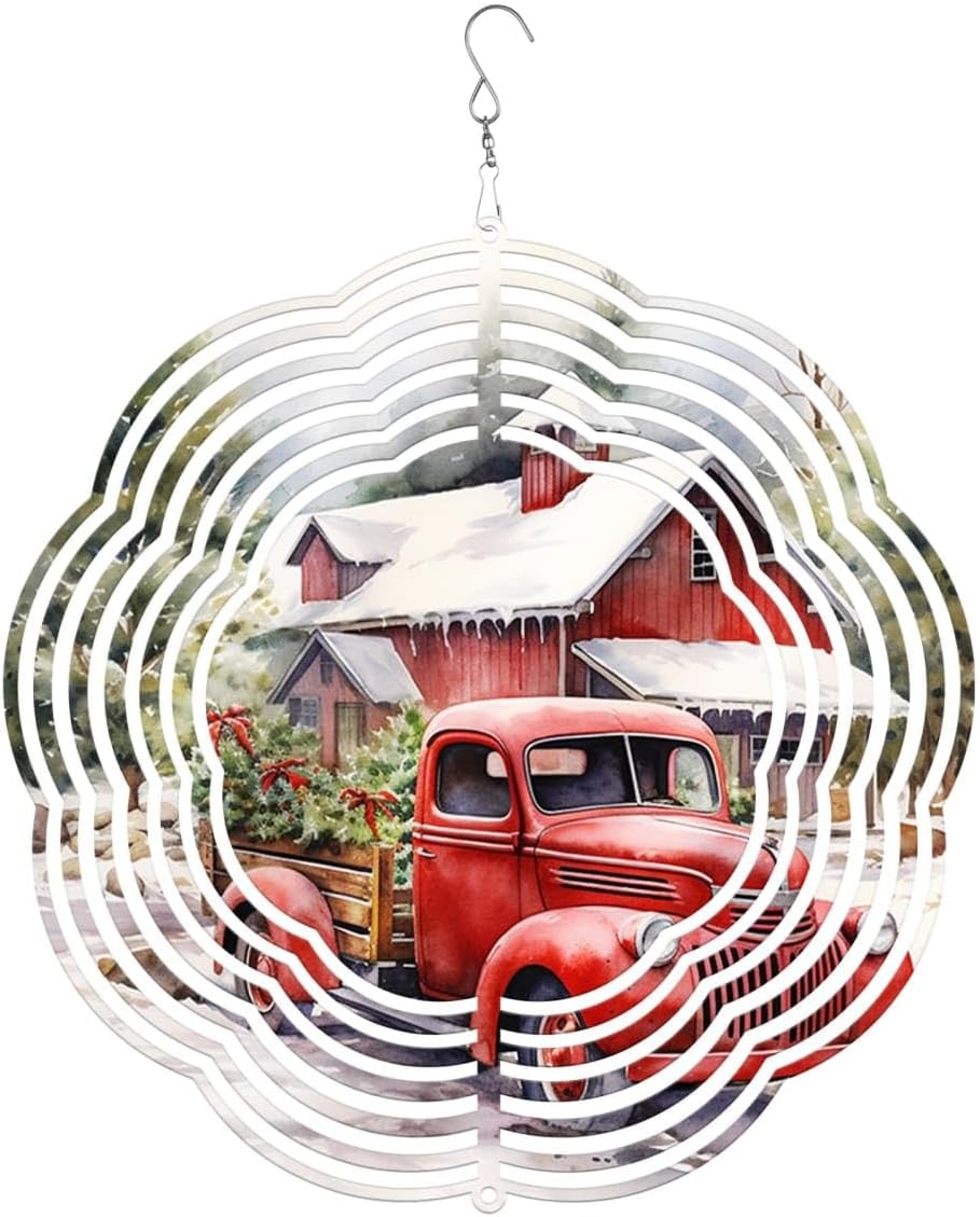 Red Truck Farmhouse Farmer Christmas Wind Spinners 3D Stainless Steel Laser Cut Metal Double Sided Printing-Hanging Indoor/Outdoor Decorations Yard Gardening Decor,Metal Kinetic Art 16x16 inches