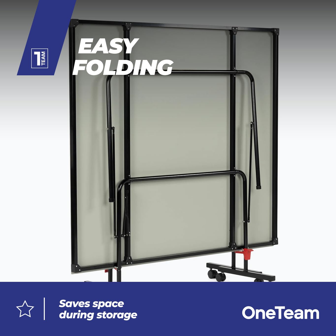 OneTeam Table de Ping Pong avec des Dimensions de 274x152.5x76 cm pour Jouer en Extérieur avec Filet Plateaux Pliables Roues de Transport avec Fonction de Blocage Bleu Clair