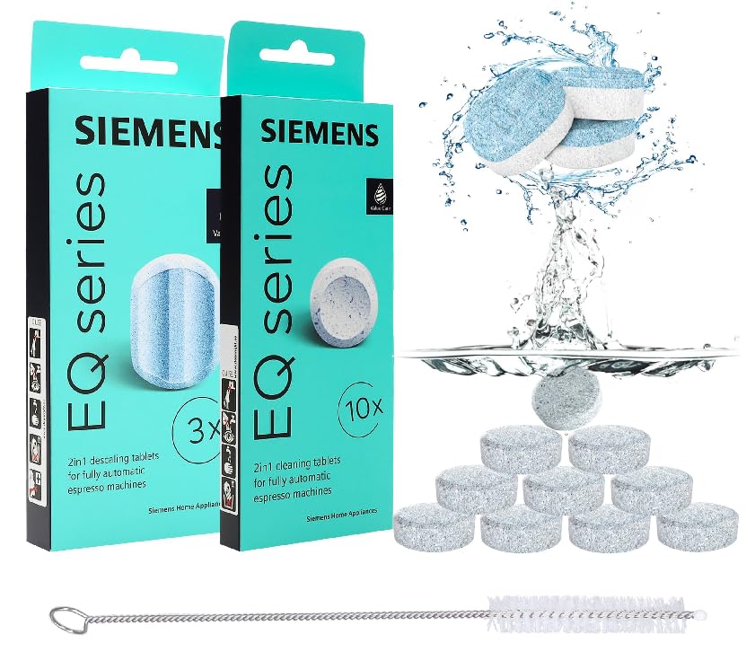 Reinigungsset für Siemens EQ Series Kaffeemaschinen: 10 Reinigungstabletten (TZ80001A) + 3 Entkalkungstabletten (TZ80002A) mit praktischer Reinigungsbürste für Kaffeevollautomaten