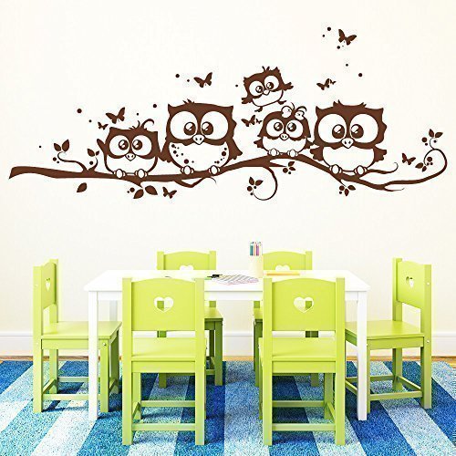 Wandtattoo-Loft  Cinco Búhos sobre Rama con Mariposas  - Wandtattoo / 49 Colores/4 Tamaños - Gris, 35 x 88 cm