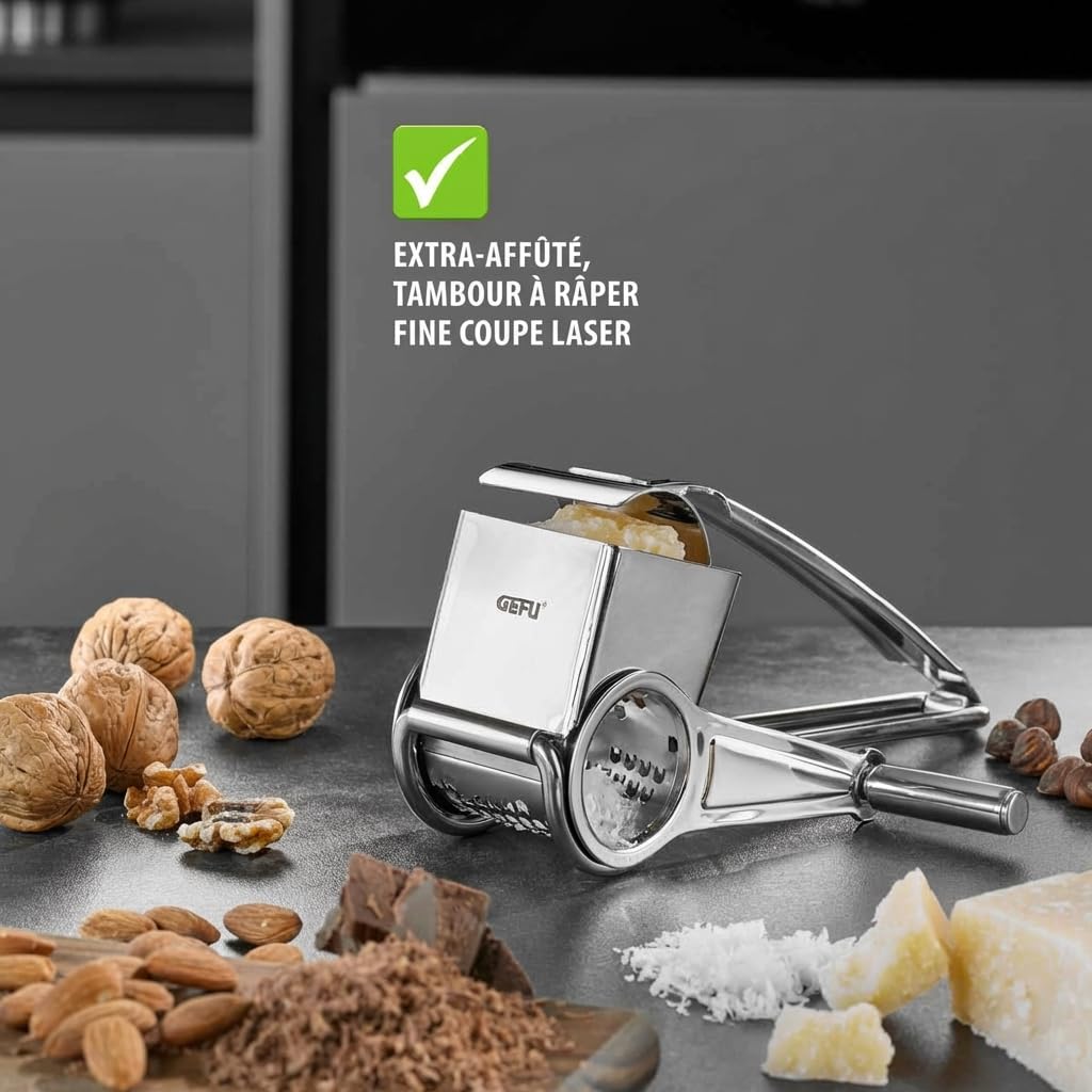 GEFU QUESO Râpe à fromage | Tambour à râper LASER-CUT | Pour fromage, noix et chocolat | Démontable et passe au lave-vaisselle | Manivelle pour droitiers et gauchers