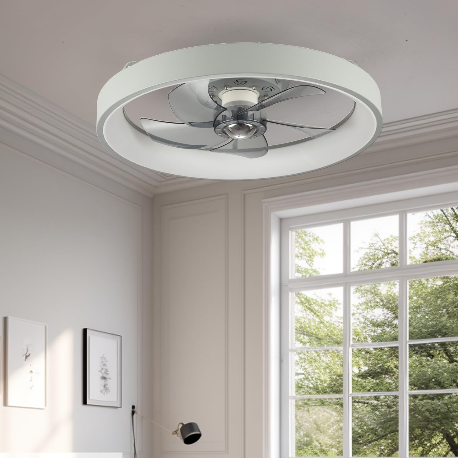 Photo 1 of 20" Modern Indoor Ceiling Fan with Lights Remote - Low Profile Ceiling Fan with 5 Reversible Blades and Dimmable LED Light, Flush Mount Quiet Ceiling Fan Light for Bedroom/Kids Room - Gray. Grey