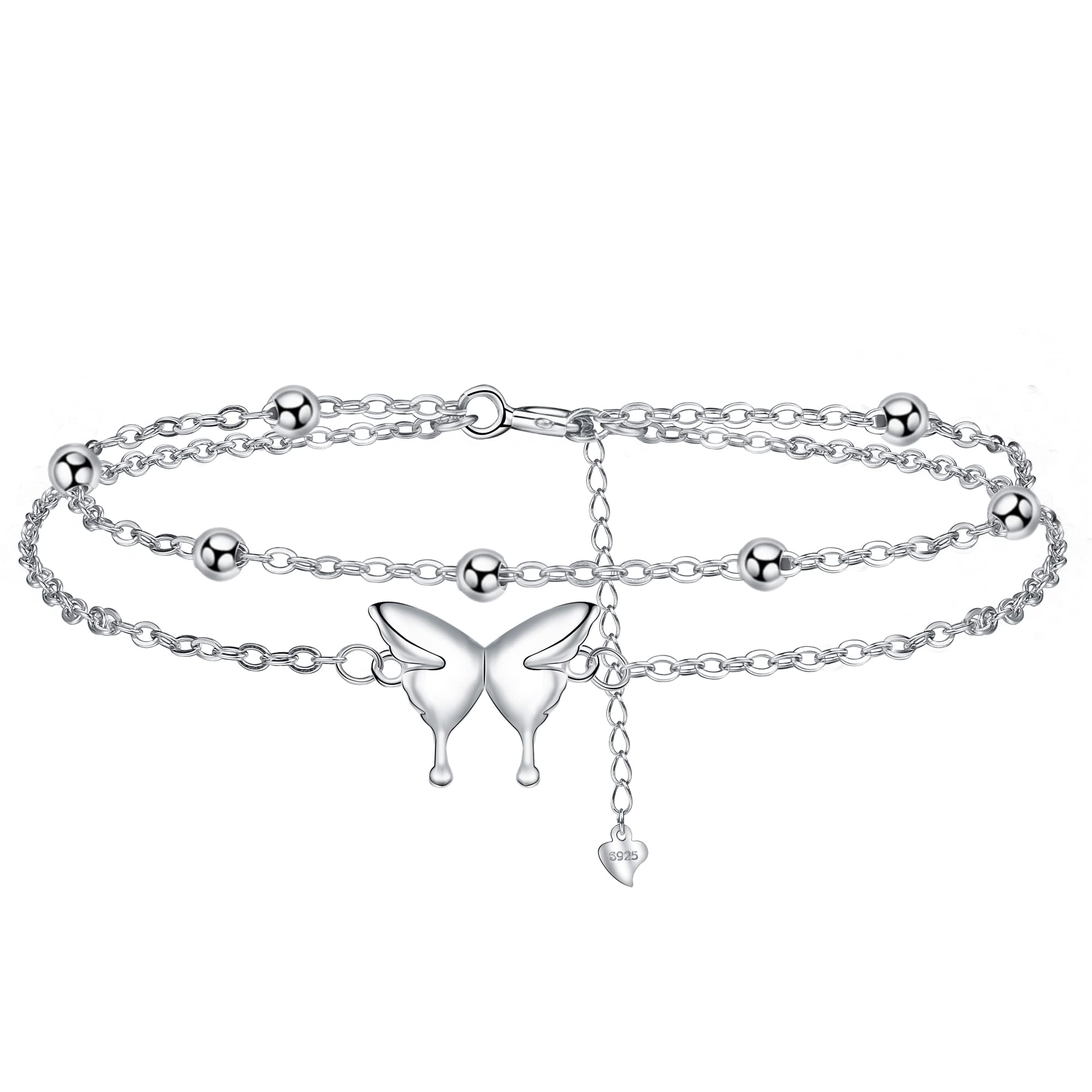 J.MUENMariposa Pulsera Plata de Ley 925 para Mujer Pulseras Doble Cadena con Cuentas,Regalo para Hija/Esposa/Novia