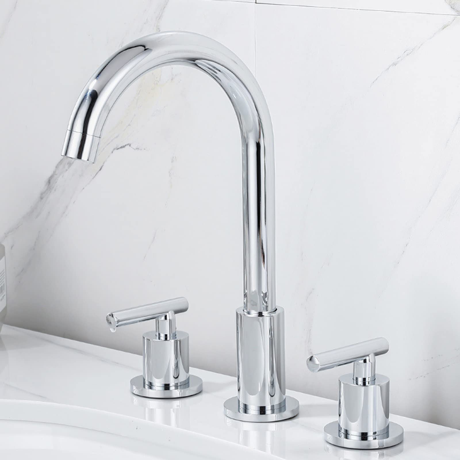 Mezclador Caliente y Frío de la Manija Doble Grifo Baño Vintage Caño Alto Grifo de Lavabo de Baño 3 Orificios,Cromo-A