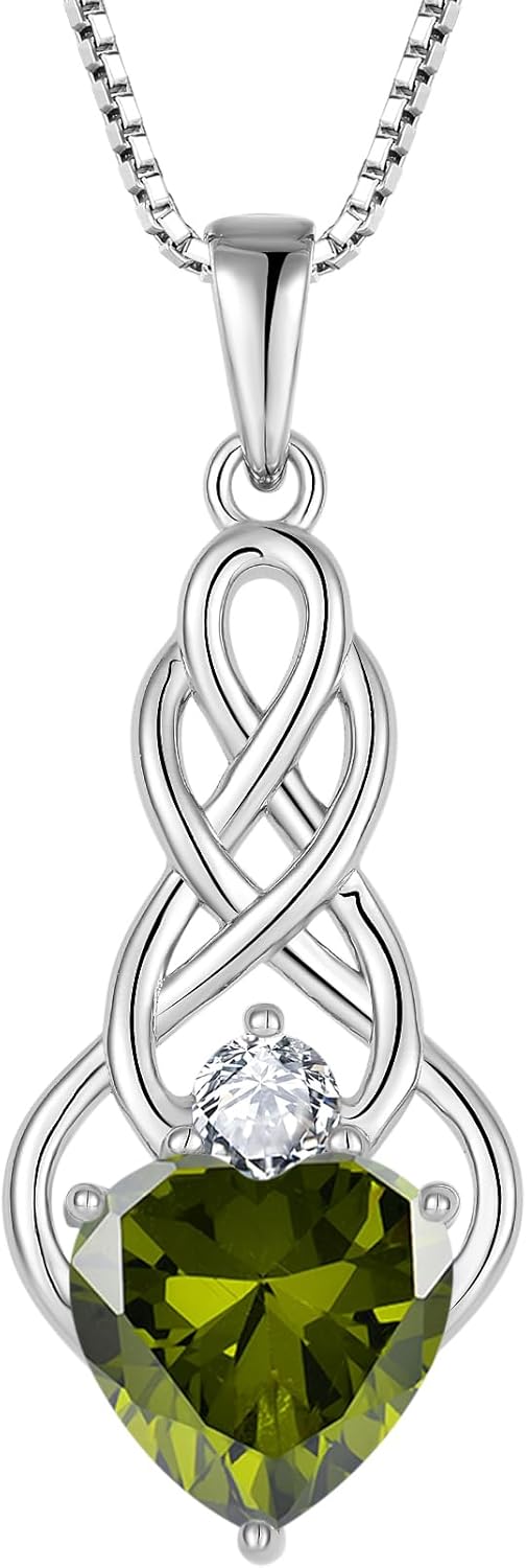 FJ Infinity Celtic Knot Necklace 925 Sterling Silver Heart Birthstone Pendant Irish Good Luck Jewelry Gifts for Women
