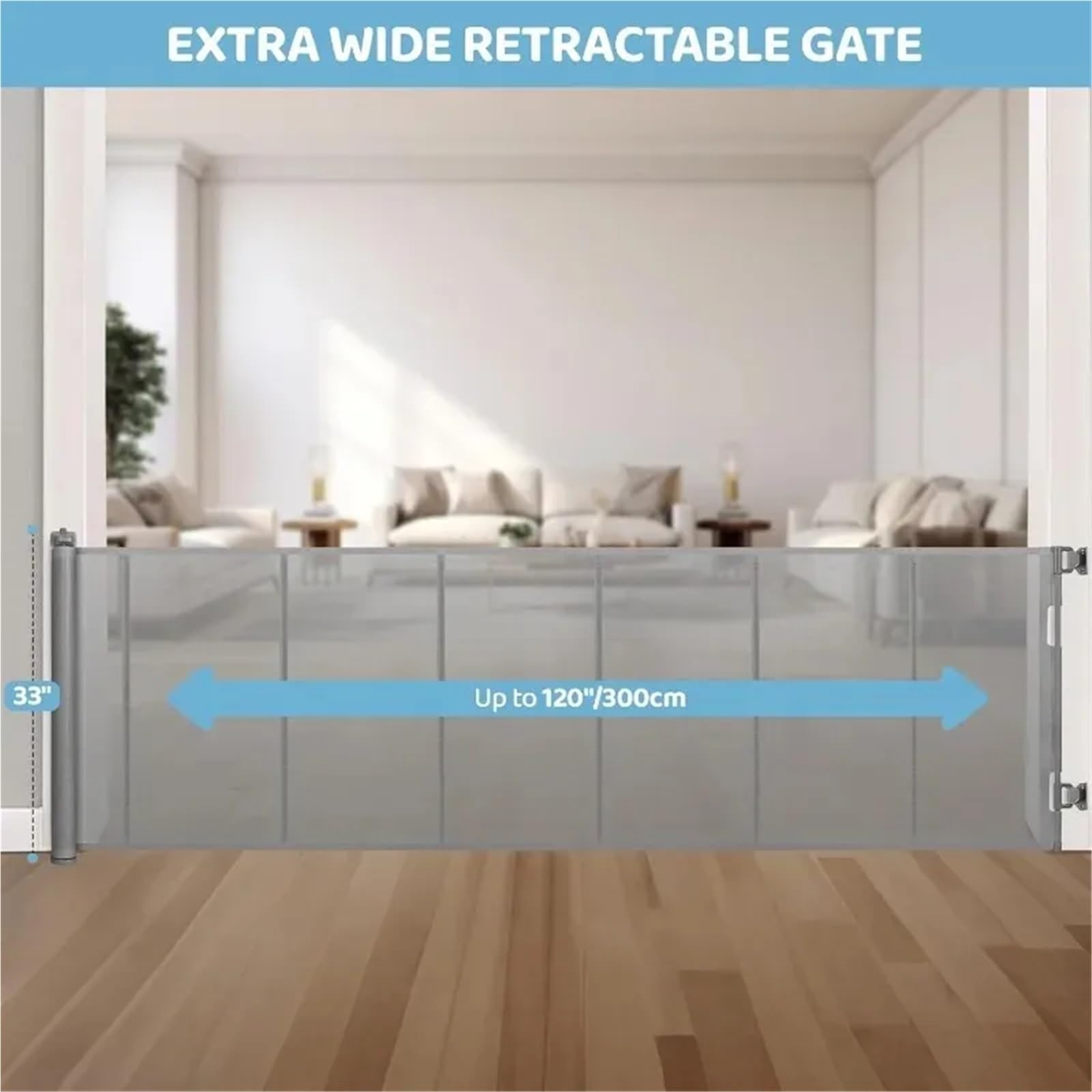 Cancello retrattile extra largo da 120 pollici for grandi aperture, alto 33 con aste in fibra di vetro for porte per Scale, Porte, Corridoi(Grey)