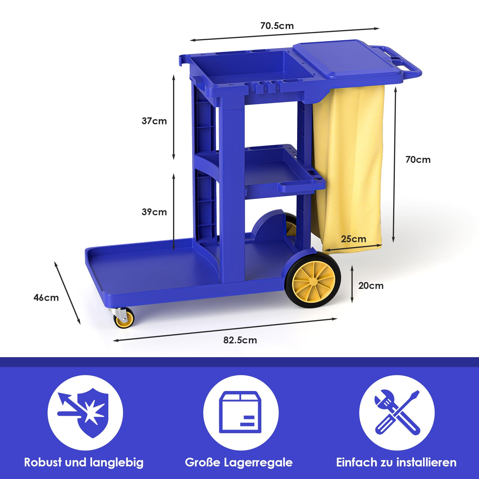 Carro de limpieza con 3 compartimentos, carrito de limpieza profesional, 83 x 46 x 90 cm, carrito con 4 ruedas, gran capacidad, 65 L, bolsa de basura para servicios de hoteles, centros