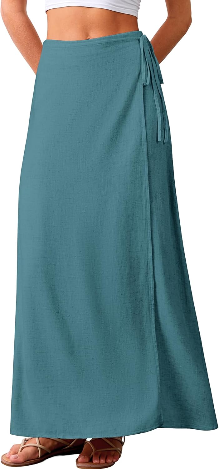 ELLEVEN Linen Wrap Maxi Skirt Elastic Back Waistband Flowy A Line Summer Casual Long Skirt