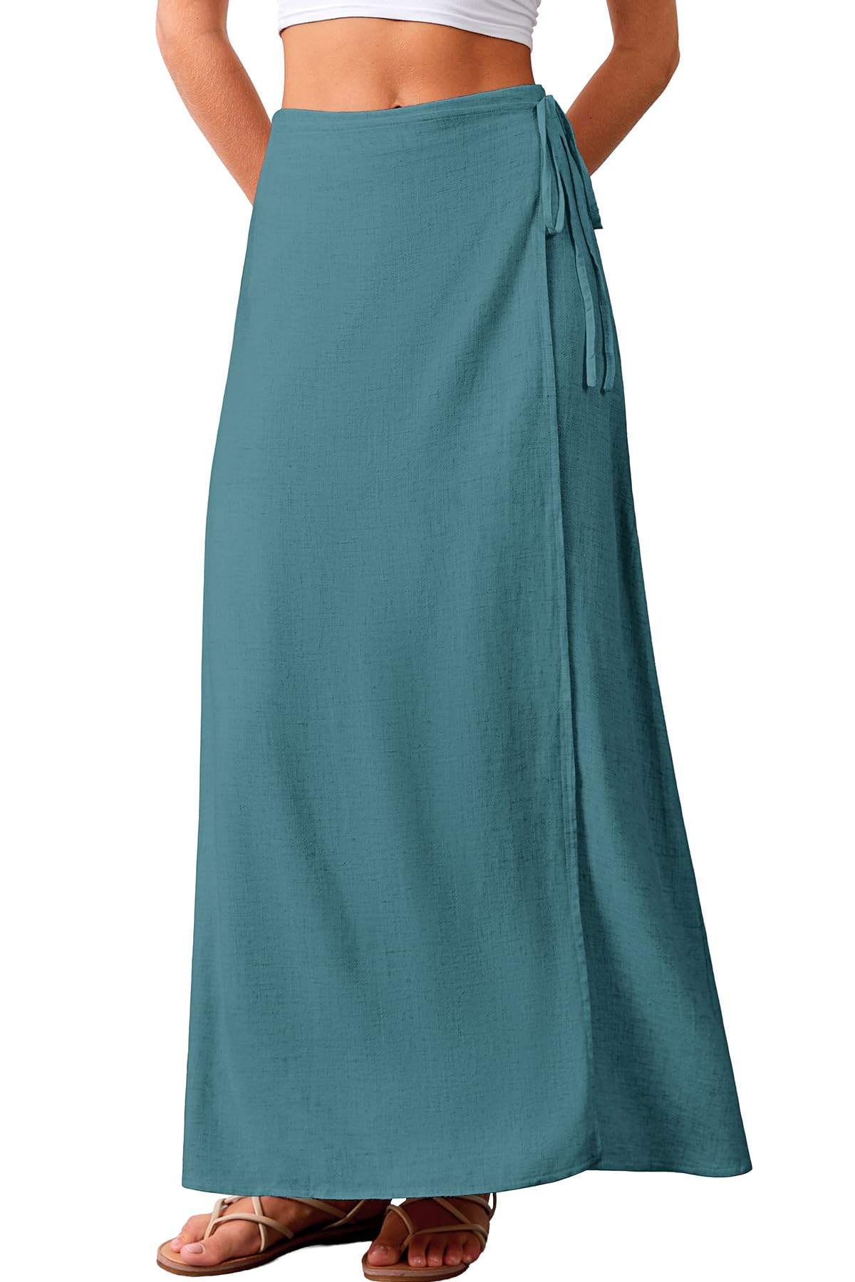 ELLEVEN Linen Wrap Maxi Skirt Elastic Back Waistband Flowy A Line Summer Casual Long Skirt
