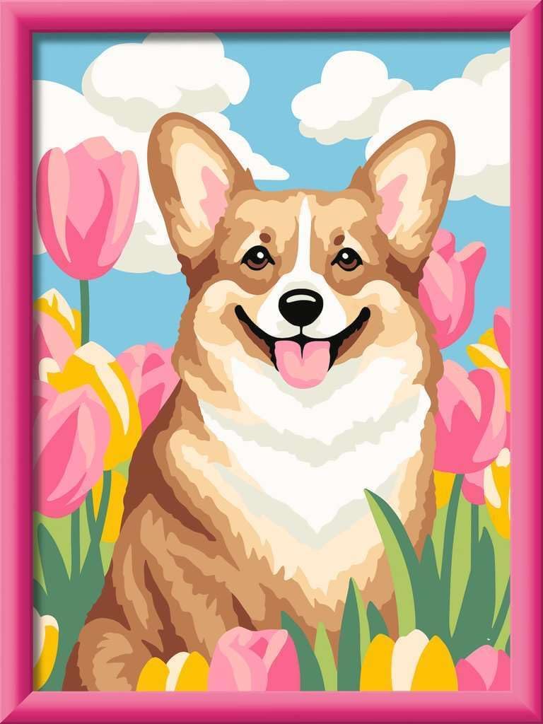Ravensburger CreArt 12023129 - Corgi in the Sea of Flowers - Painting by Numbers for Children from 9 Years, Painting Set with Frame, Brush, Acrylic Paints, Gift for Girls and Boys