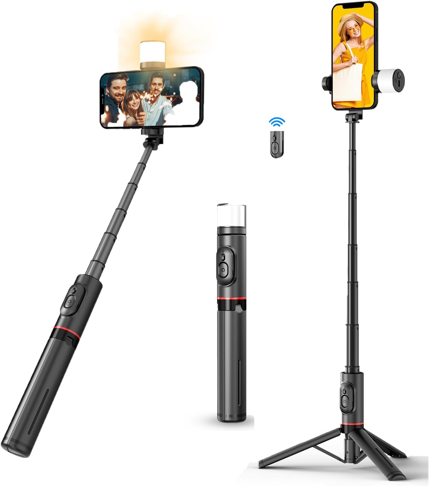Selfie Stick with Light, Selfie Stick Tripod Stand with Remote, Wireless Selfie Stick Tripod for Cell Phone, Travel, Vlogging, Live Streaming Video, Compatible with iPhone and Android