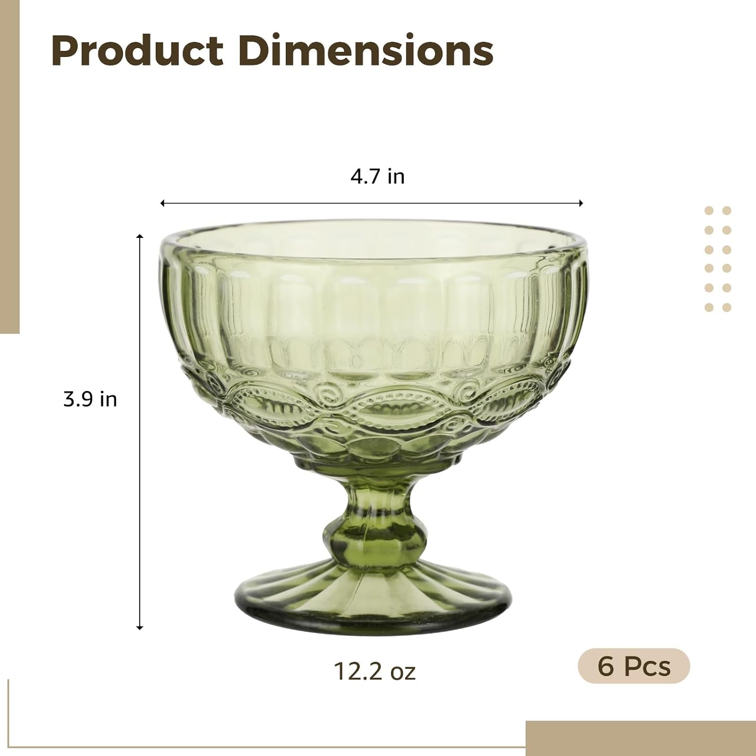 6 Pcs Glass Ice Cream Bowls, 12.2 oz Vintage Pressed Pattern Glass Dessert Bowls, Elegant Tulip Shape, Footed Crystal Cups for Snacks, Fruits, Appetizers, Home Party Bar Restaurant Use (Green)
