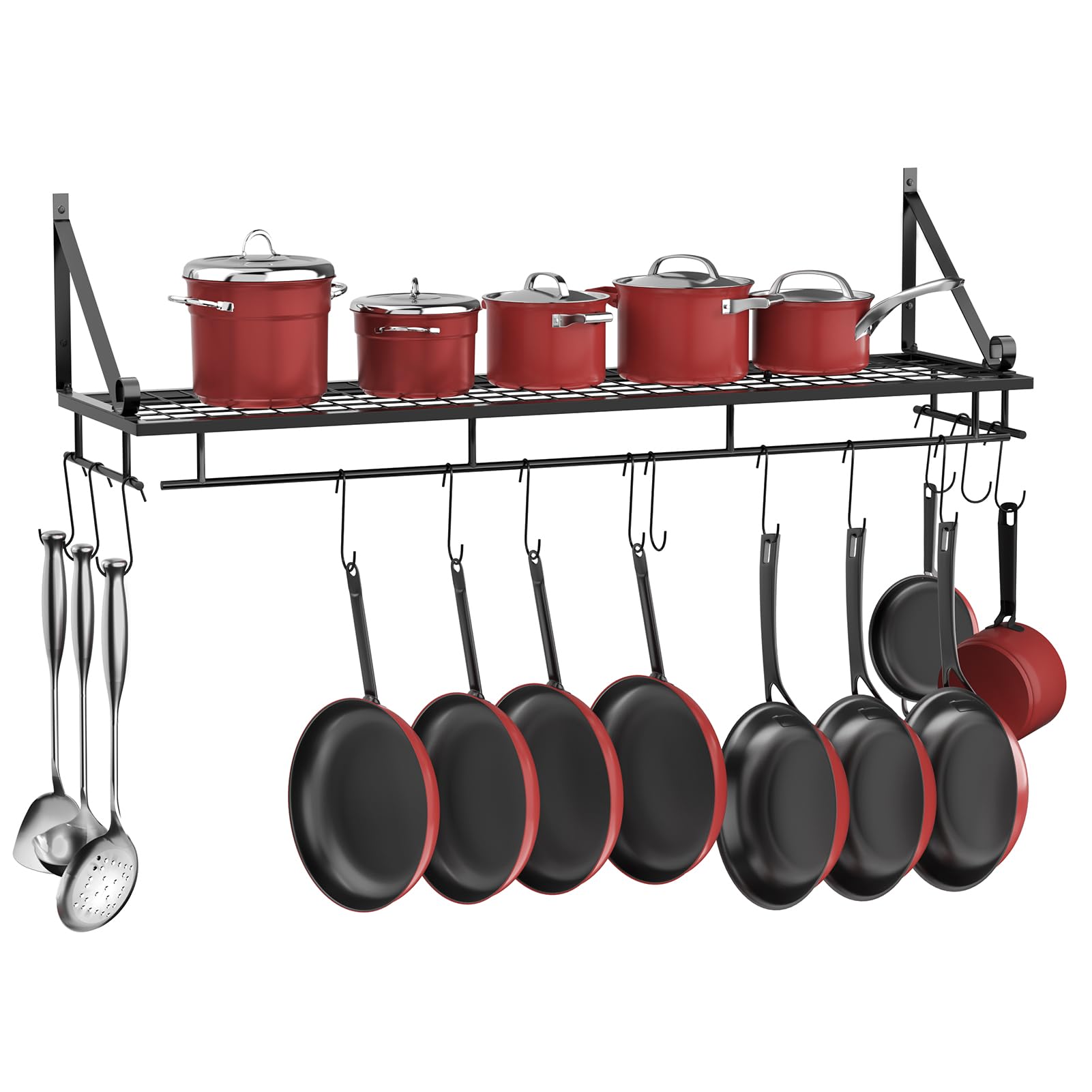 XEMQENER - Soporte para cacerola con 10 ganchos extraíbles, estante de pared con barra de toallas, organizador de utensilios de cocina y baño, estantería colgante 90*24*25cm