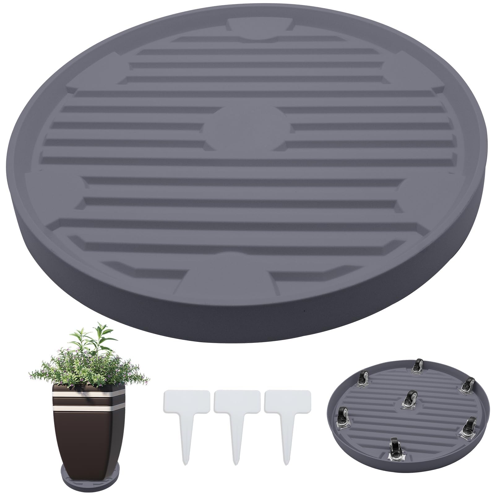Porte Plante à Roulettes FANWINKJ 40x37cm - Capacité 120kg, 7 Roues, Résistant Intérieur/Extérieur, Gris