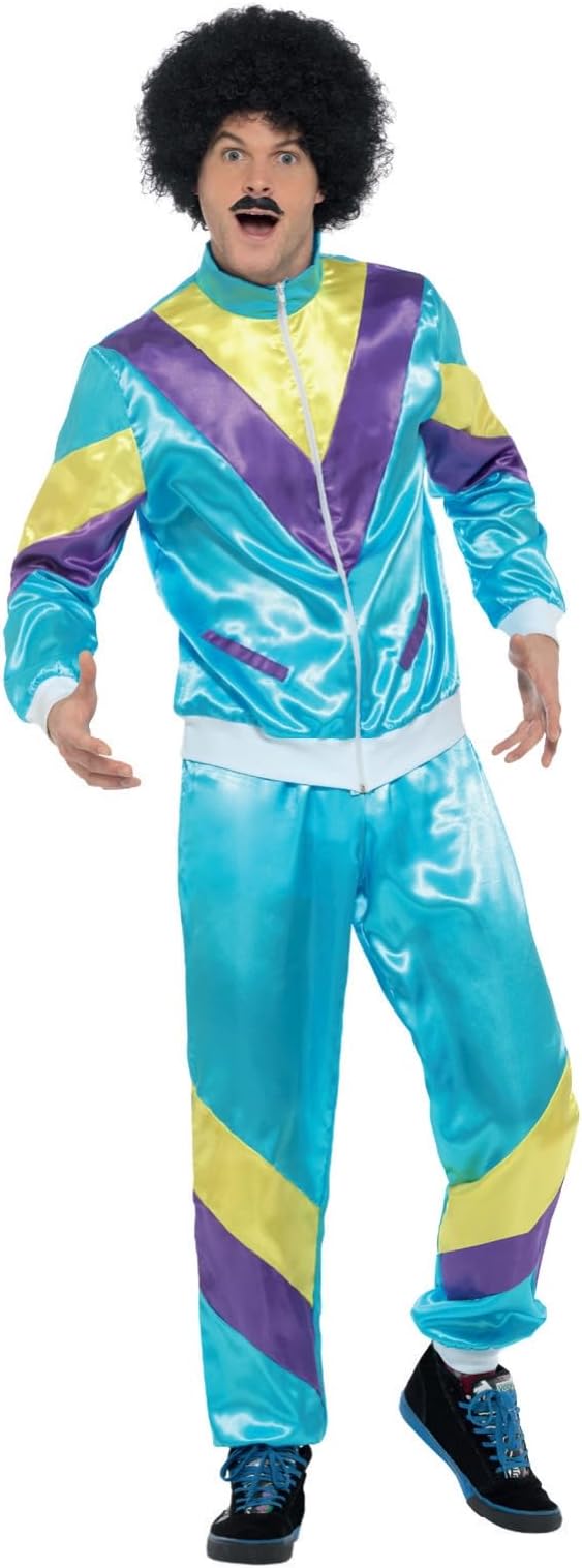 Smiffys 80s Height of Fashion Shell Suit Costume, Blue with Jacket & Trousers, 1980's Fancy Dress, 1980s Dress Up Costumes