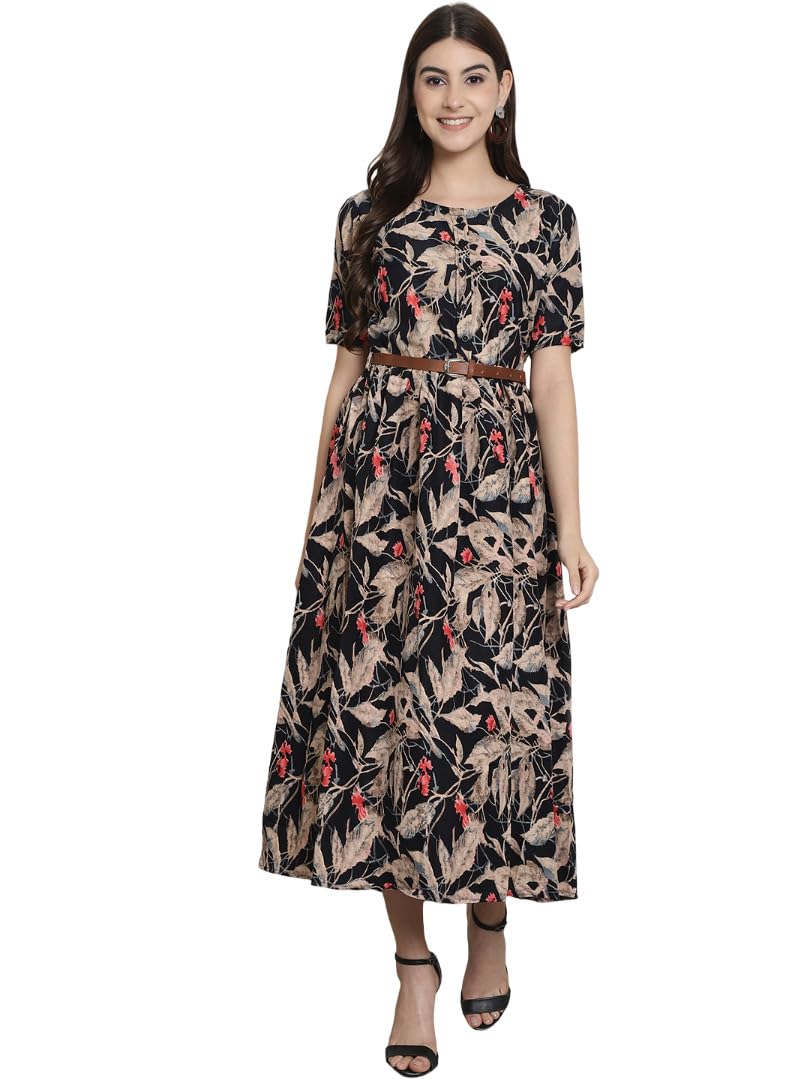 Women's Georgette Floral Printed 3/4 Slevees A-Line Fit & Flare Gown with Belt || Indo-Western Ethnic Gown || A-Line Maxi Dress Casual Wear-image-38