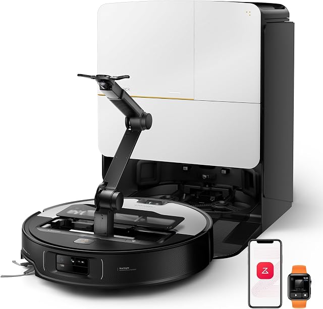 Roborock Saros Z70 Aspirateur robot et Mop, OmniGrip Arme, alimentée par l'IA, 22,000Pa Aspiration, 3.14’’ Ultra Mince, FlexiArm La technologie Riser, AdaptiLift Châssis, Évitement d'obstacles, lavage automatique de la crosse & Séchage