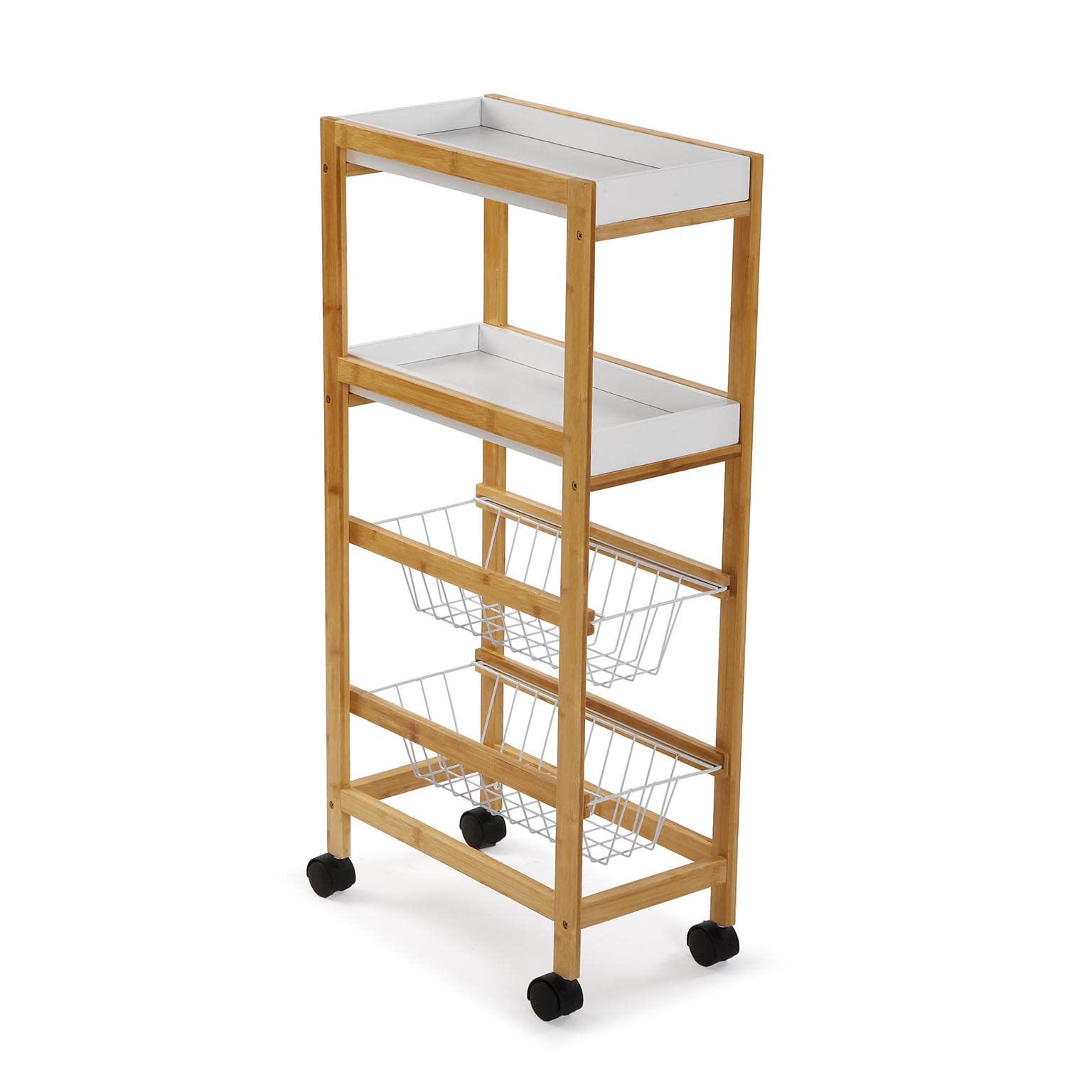 Versa Zenica Carro de Cocina con Ruedas, cajones y botellero, Verdulero con despensa y organizadores, con Ruedas y 4 estantes, Medidas (Al x L x An) 83 x 22 x 40 cm, Madera, Color Marrón y Blanco