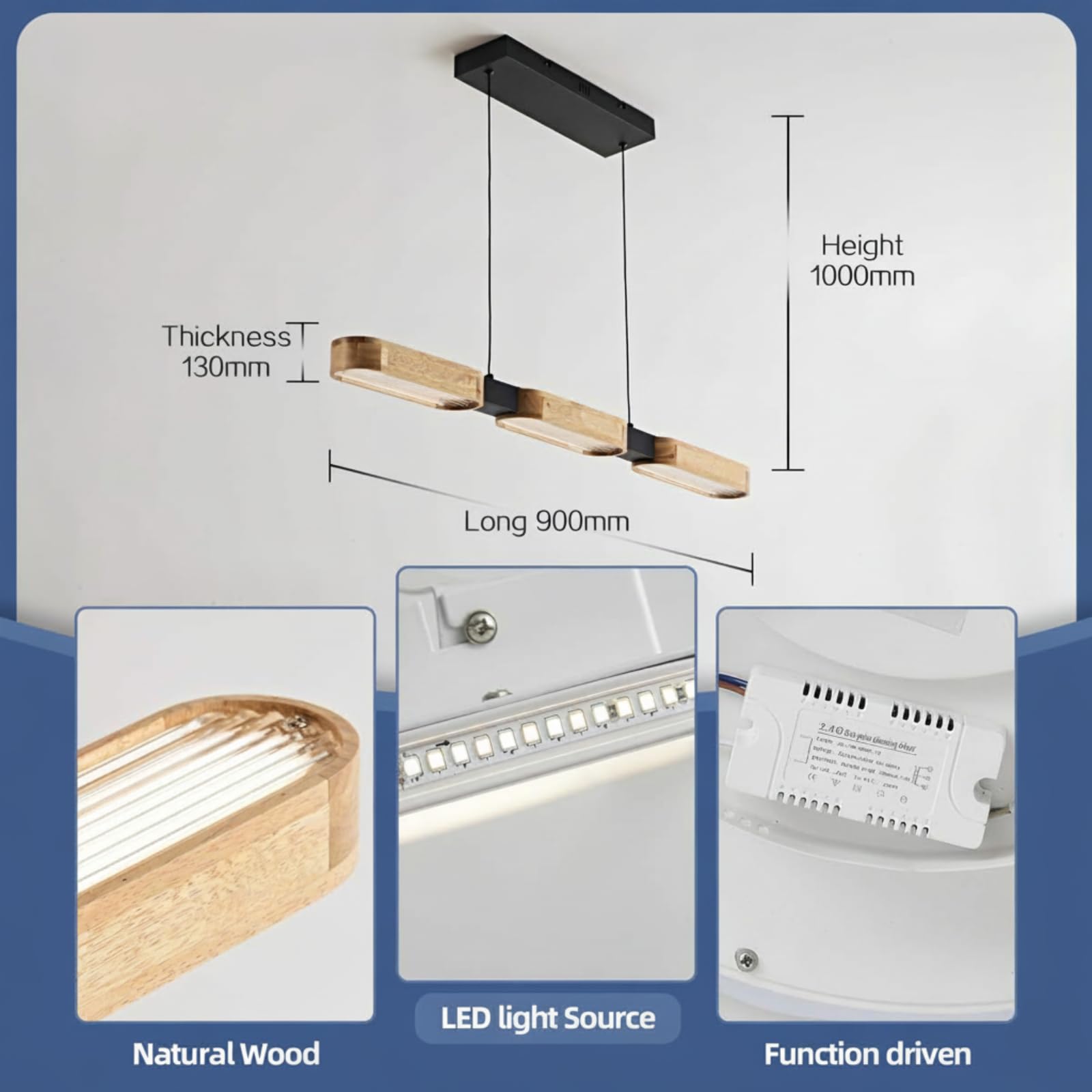Lámpara de cocina moderna de madera, 90 cm, lámpara LED para comedor e isla cocina, regulable 3000K-6500K con mando a distancia y función de memoria