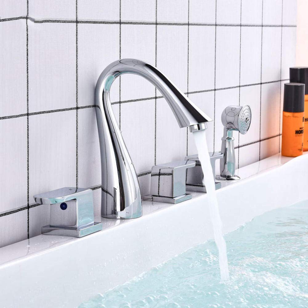 DFGHNBVC Chrome Deck Mounted Bathtub Faucet Set 5 Holes Widespread Tub Mixer Bathroom Goose Neck Bath Shower Set With Handshower