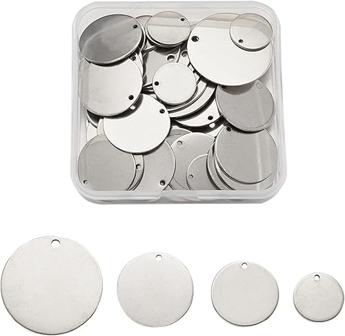 Pandahall - 60 unidades de etiquetas colgantes de acero inoxidable redondo plano de 3/5 a 1-1/5 pulgadas para fabricación de joyas